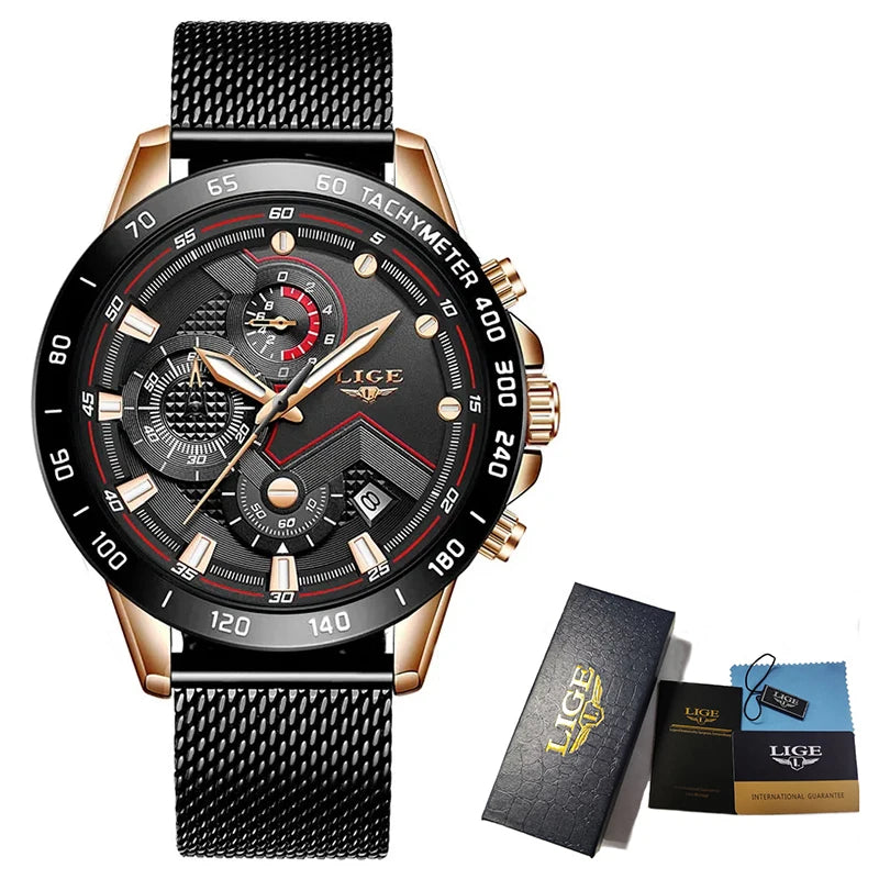 LIGE - Reloj de cuarzo de lujo para hombre, marca superior, moderno, de negocios, con correa de malla, resistente al agua, luminoso, cronógrafo