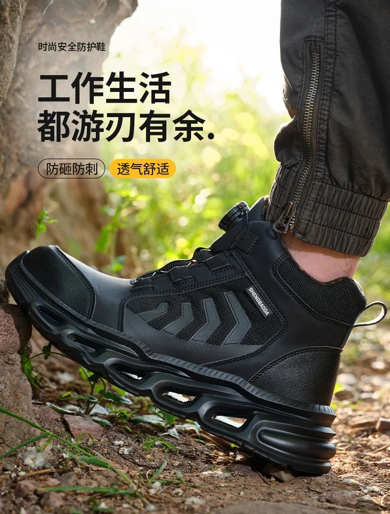 Zapatos de seguridad para hombre, de caña alta, universales para las cuatro estaciones, con hebilla giratoria antideslizante, puntera de acero, antiaplastamiento y antiperforación.