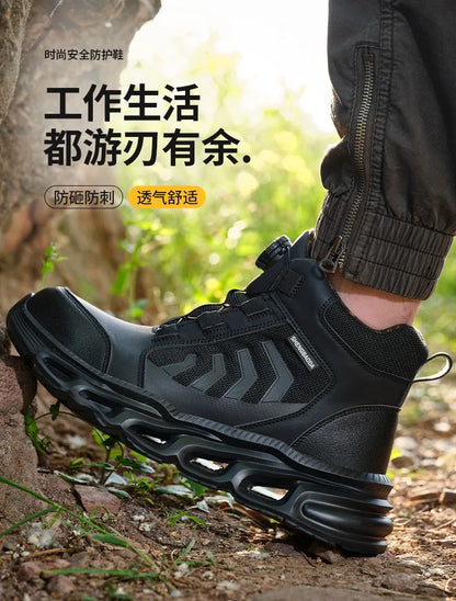 Zapatos de seguridad para hombre, de caña alta, universales para las cuatro estaciones, con hebilla giratoria antideslizante, puntera de acero, antiaplastamiento y antiperforación.