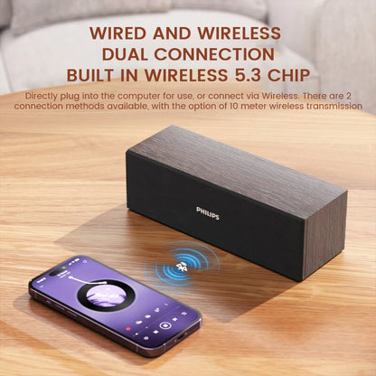 Altavoz de escritorio PHILIPS SPA3609 con controlador dinámico de 53 mm, voz humana pura, efecto de sonido envolvente y diseño de carcasa de madera.