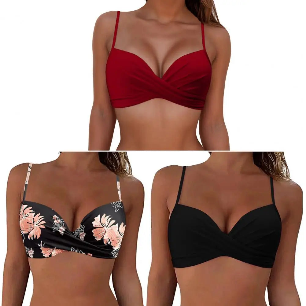 Sexy Ladies Beachwear Bra Tops Black for Swimwear Female Low Waist Swimsuit Women V-Neck Front Knotted Bikini Top Bathing Suit
