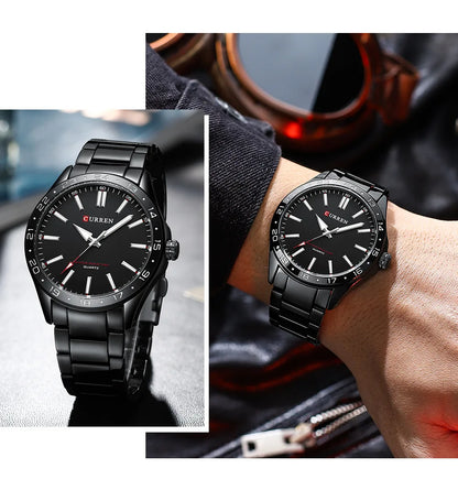 CURREN 8452 Reloj de cuarzo para hombre, sencillo, moderno, para ocio y negocios, con correa de acero inoxidable negra y plateada.