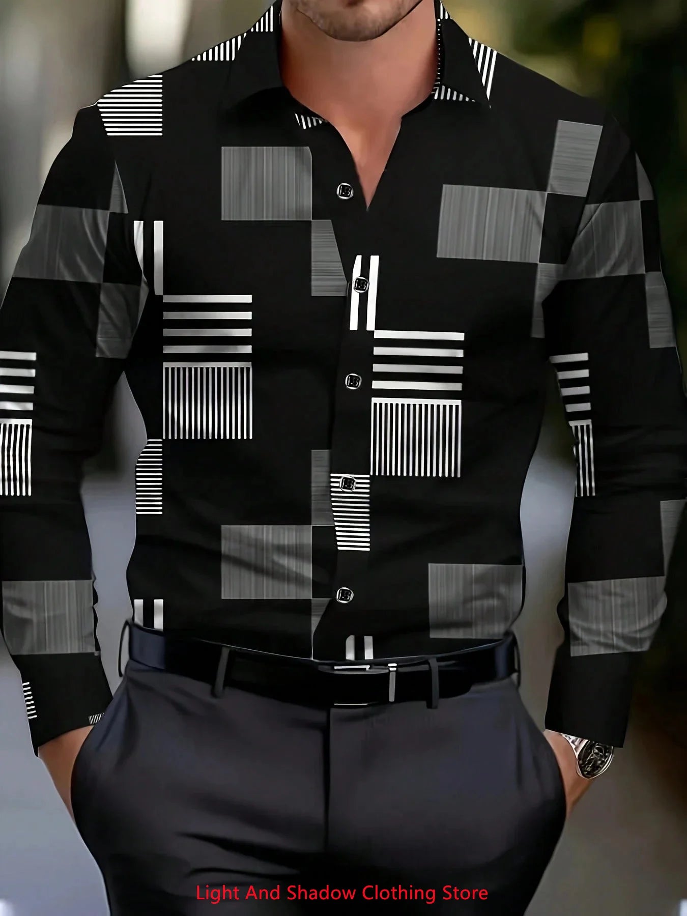 Camisa de hombre con estampado geométrico, estilo urbano clásico, manga larga, cuello, botonadura sencilla. Envío rápido.