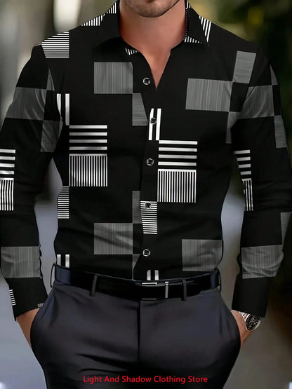 Camisa de hombre con estampado geométrico, estilo urbano clásico, manga larga, cuello, botonadura sencilla. Envío rápido.