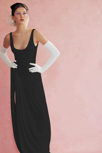 Vestido largo sexy con abertura alta JULISSA MO para mujer, negro, sin mangas, de talle alto, ideal para otoño, elegante y ajustado, perfecto para fiestas y discotecas (2024)