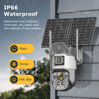 Cámara de seguridad exterior solar 4K con SIM 4G, 2 lentes/pantalla, zoom óptico 60x, seguimiento automático, PTZ 360°, videovigilancia doméstica IP.