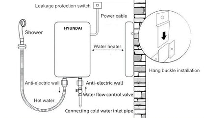 Calentador de agua eléctrico pequeño HYUNDAI con calentamiento rápido e instantáneo, temperatura constante inteligente y pantalla en inglés para ducha o baño.