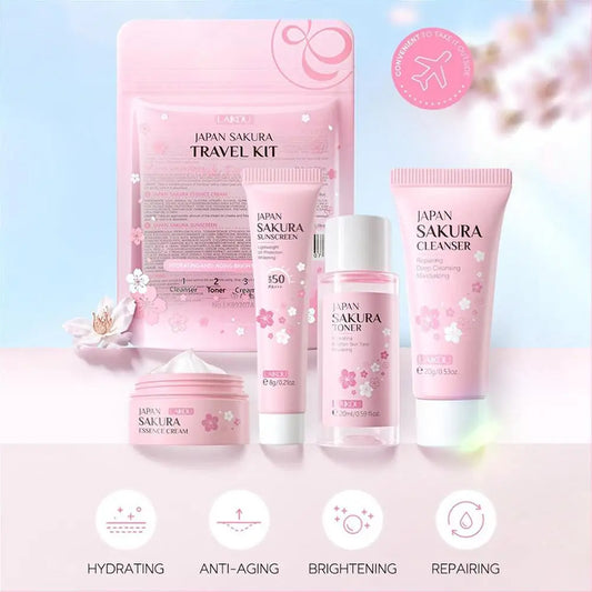 Sakura Skin Care Sets (4 unidades/bolsa): Limpiador facial, tónico facial, protector solar, hidratante, suavizante y nutritivo.