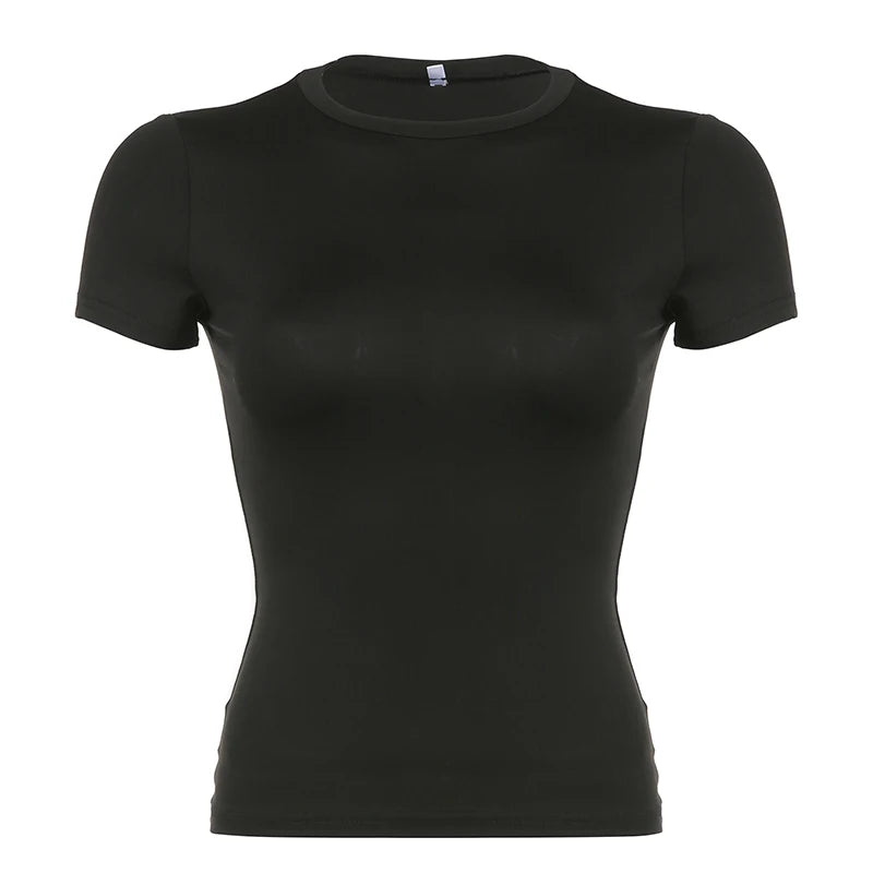 Top corto básico liso de manga corta con cuello redondo, camiseta ajustada, camiseta informal de verano para mujer, top vintage Y2K, ropa urbana Harajuku