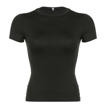Top corto básico liso de manga corta con cuello redondo, camiseta ajustada, camiseta informal de verano para mujer, top vintage Y2K, ropa urbana Harajuku