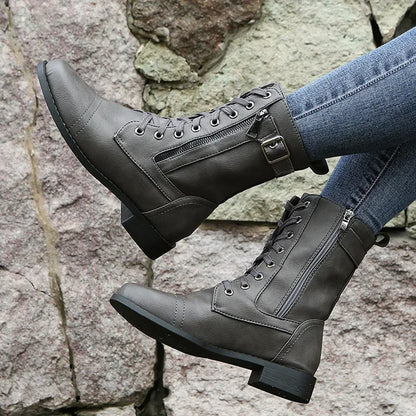 Botines de tacón cuadrado para mujer, botas de trabajo cortas de piel sintética para otoño e invierno, botas elásticas con cordones de talla grande para mujer 2024