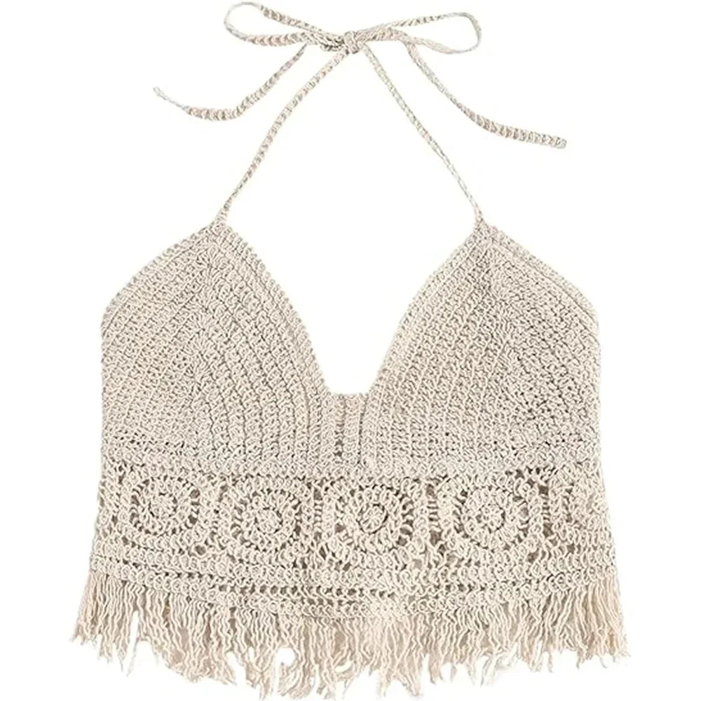 Ropa interior estilo bohemio para mujer, con flecos, espalda descubierta, cuello halter, lazo, bordado, tirantes con borlas, chaleco corto sin mangas