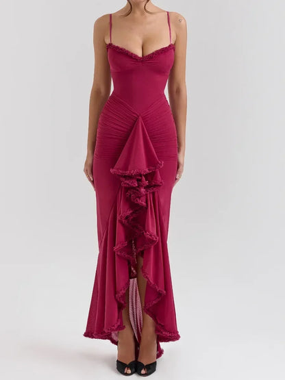Vestidos de fiesta de malla irregular Suninheart 2024, nuevos modelos, vestido ajustado con tirantes finos, vestido largo fruncido de moda para mujer.