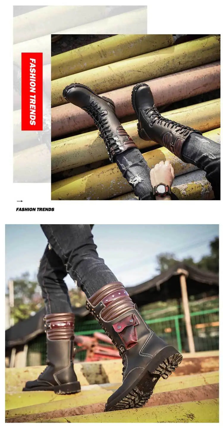 Botas altas de cuero para hombre, estilo motero, de invierno, estilo gótico punk, para hombre, estilo militar informal, para uso exterior.
