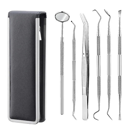 Juego de herramientas de acero inoxidable para dentistas, 4, 5 y 6 piezas, pinzas, azada, hoz, raspador, espejo, limpieza de sarro.