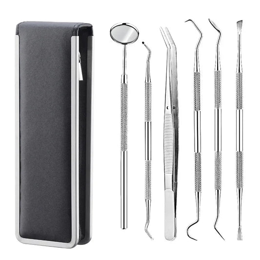 Juego de herramientas de acero inoxidable para dentistas, 4, 5 y 6 piezas, pinzas, azada, hoz, raspador, espejo, limpieza de sarro.