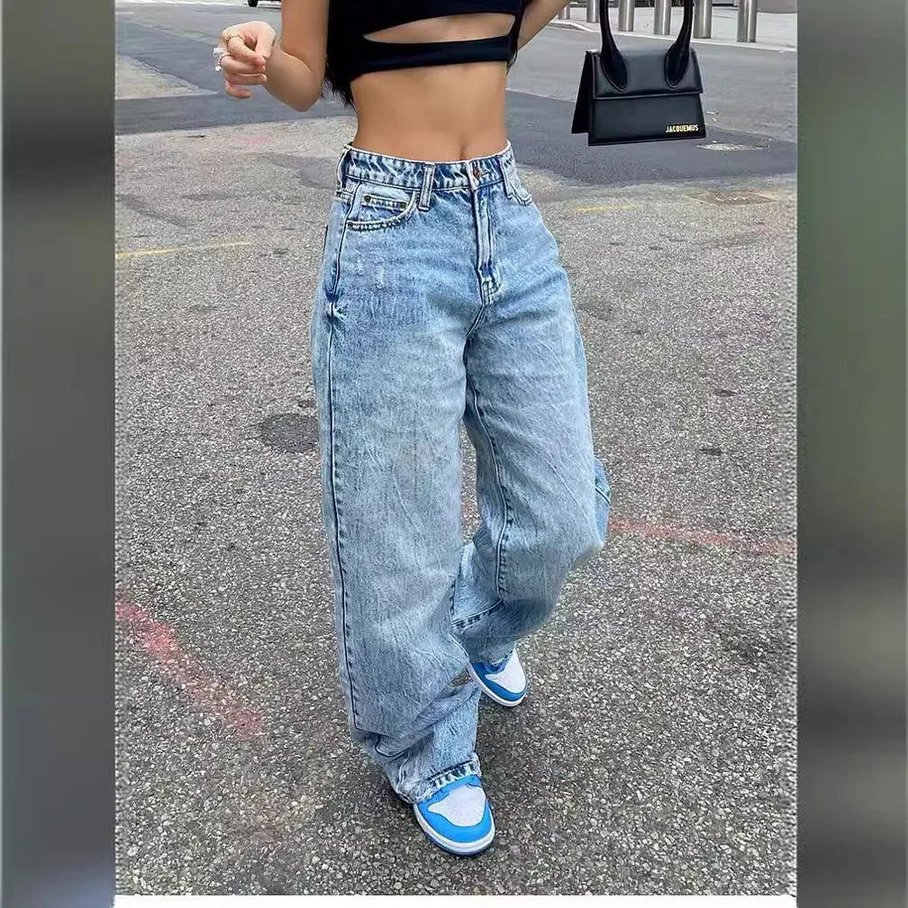 Pantalones vaqueros de mujer de longitud completa, de mezclilla desgastada lisa, rectos, con bolsillos, holgados, informales, de cintura media, básicos, con cremallera y cierre de cremallera, lavado plano