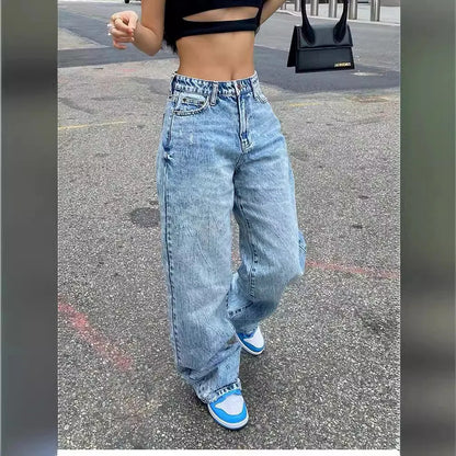 Pantalones vaqueros de mujer de longitud completa, de mezclilla desgastada lisa, rectos, con bolsillos, holgados, informales, de cintura media, básicos, con cremallera y cierre de cremallera, lavado plano