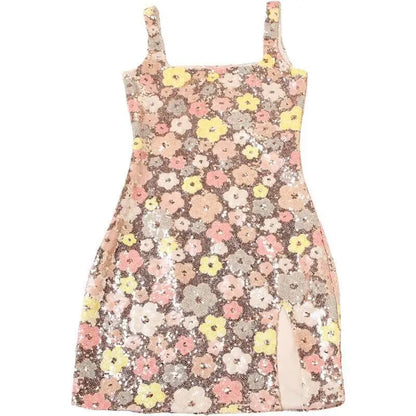 Vestido de fiesta sexy para mujer, estilo discoteca, con lentejuelas florales, tipo pueblo, tirantes finos, mini, primavera/verano 2025, vestido ajustado y entallado.