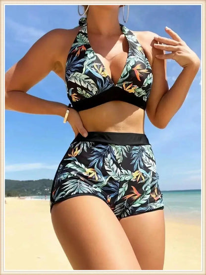 Bikini Halter 2023 para mujer, traje de baño de cintura alta, bañador sexy para mujer, traje de baño con estampado de hojas, ropa de playa de verano