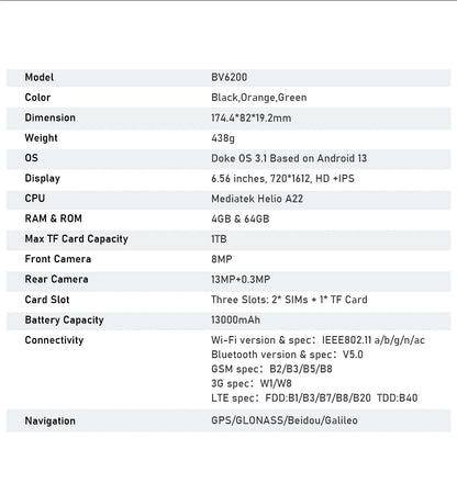 Teléfono resistente Blackview BV6200 con pantalla IPS HD+ de 6,56 pulgadas, batería de 13000 mAh, 8 GB (4+4) de RAM, 64 GB de almacenamiento, cámara de 13 MP, GPS, Android 13 y certificación IP68/IP69K.