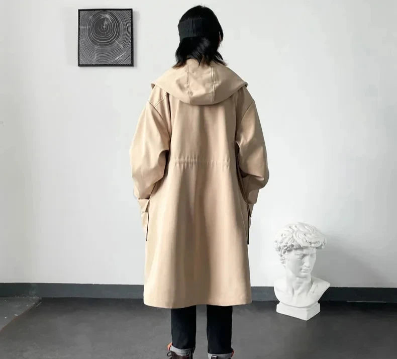 2025 Spring Autumn  Green Windbreaker Fashion Men Mid-length Casual Hooded Coat Men Daily High Street Overcoat Male Clothes