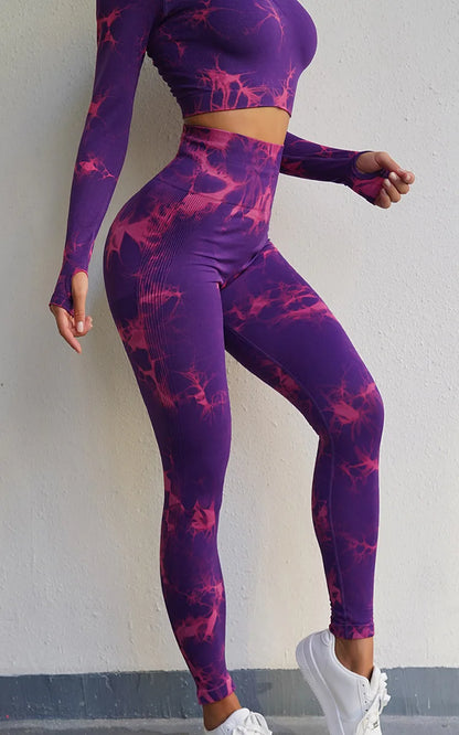 VEQKING - Ropa de yoga teñida para mujer, top corto de manga larga, pantalones de yoga de cintura alta, conjuntos deportivos, ropa de gimnasio de secado rápido