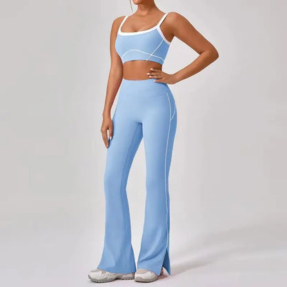 Conjunto deportivo de yoga de verano de 2 piezas con retazos y leggings de cintura alta con abertura para mujer, conjunto de entrenamiento de fitness, chándal deportivo para mujer