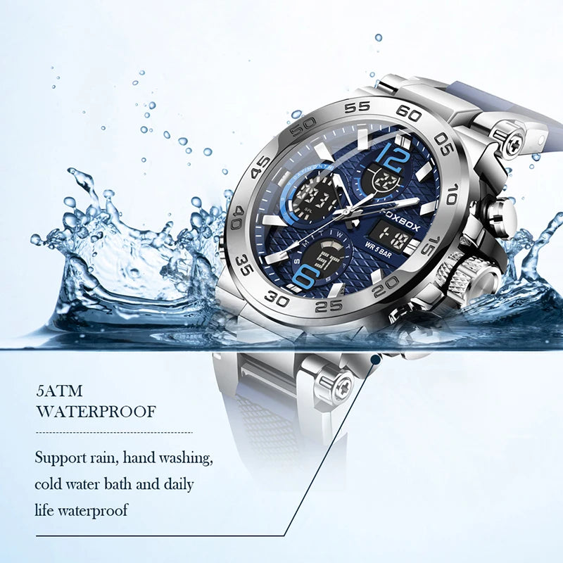 Reloj de pulsera deportivo para hombre FOXBOX Fashion Luxury Quartz, militar, impermeable, con doble pantalla, cronógrafo luminoso + CAJA