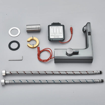 Grifo de lavabo inteligente con sensor, color gris plomo, pantalla digital, mezclador de agua fría y caliente, grifo sin contacto para lavabo de baño