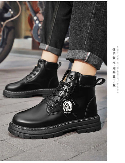 Botas altas de piel para hombre, zapatos de moda para motociclista, botines de invierno con cordones, botas vaqueras.