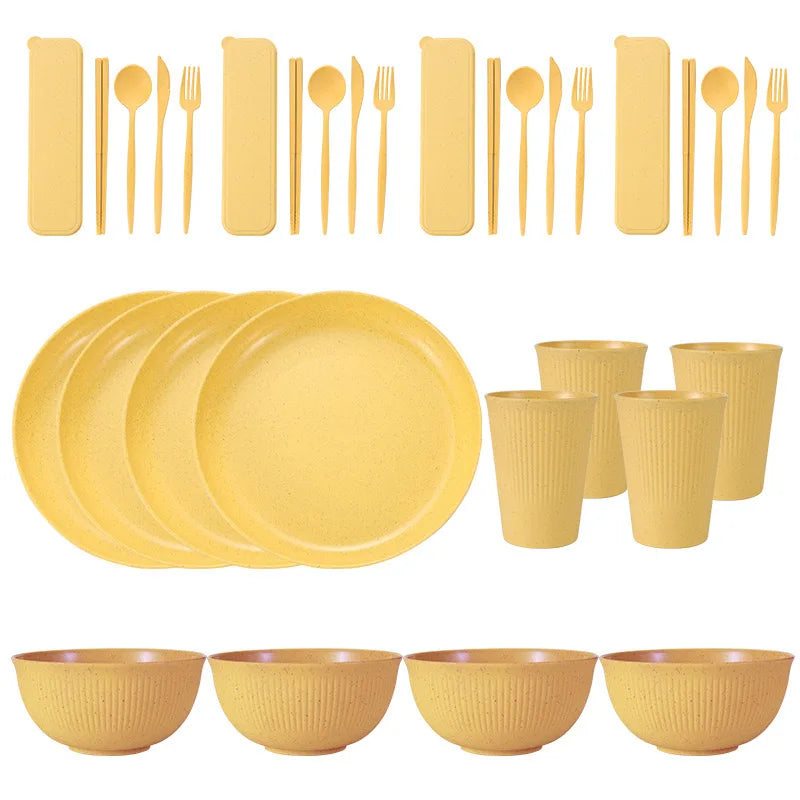Juego de 36 platos de paja de trigo ecológicos para ramen, vajilla para cena, juego de vajilla para acampar con cuchillo, tenedor y cuchara.