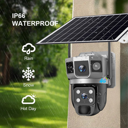Cámara solar de 12 MP, tarjeta SIM 4G, doble lente, tres cámaras con pantalla, seguimiento humano PIR, batería de bajo consumo, protección de seguridad CCTV V380