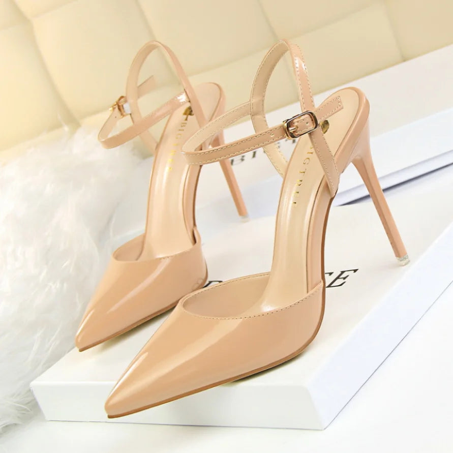Zapatos de tacón ultraalto, sencillos, delgados, de piel pintada, sexis, para discoteca, con tiras de una palabra, para mujer, 86-1