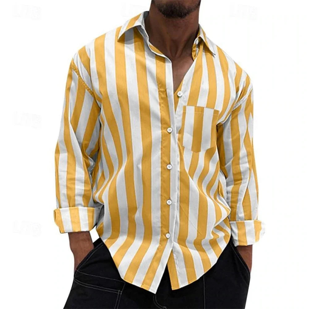 Camisas de rayas para hombre, camisas con solapa estampada y bolsillo, camisas de alta calidad para hombre, ideales para las fiestas y para un estilo informal elegante.