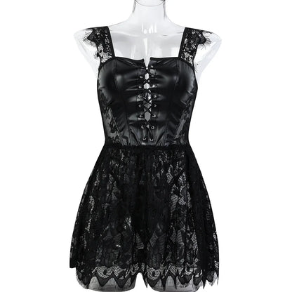 Conjunto exótico de PU sexy para mujer, vestido de encaje transparente, lencería elegante con abertura, body exótico para fiesta y club.