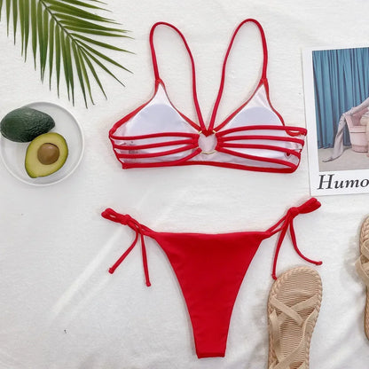 Bikini 2025 Traje de baño sexy Traje de baño Mujer Rojo Múltiples Tirantes Espalda Anillo de metal Bikinis Conjunto Traje de baño Playa Bikini Banadores Mujer