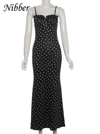 Vestido Nibber de verano, estilo moderno, con escote barco, estampado de lunares, tirantes finos, corte ajustado, elegante, estilo maxi, ideal para salir de fiesta.