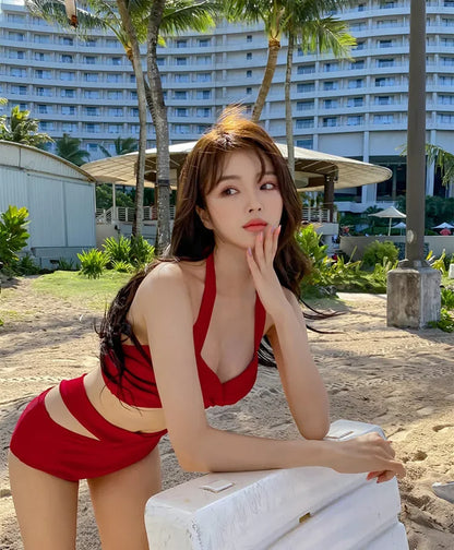 Bikinis sexys 2024, trajes de baño para mujer, traje de baño femenino de cintura alta, trajes de baño rojos push up, conjunto de bikini coreano para niñas, ropa de playa, bañista