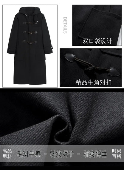 Autumn Men Thick Hooded Trench Coat Men Korean Wool Blends Overcoat Men Casual Horn Button Woollen Coat Black Warm Loose Coat