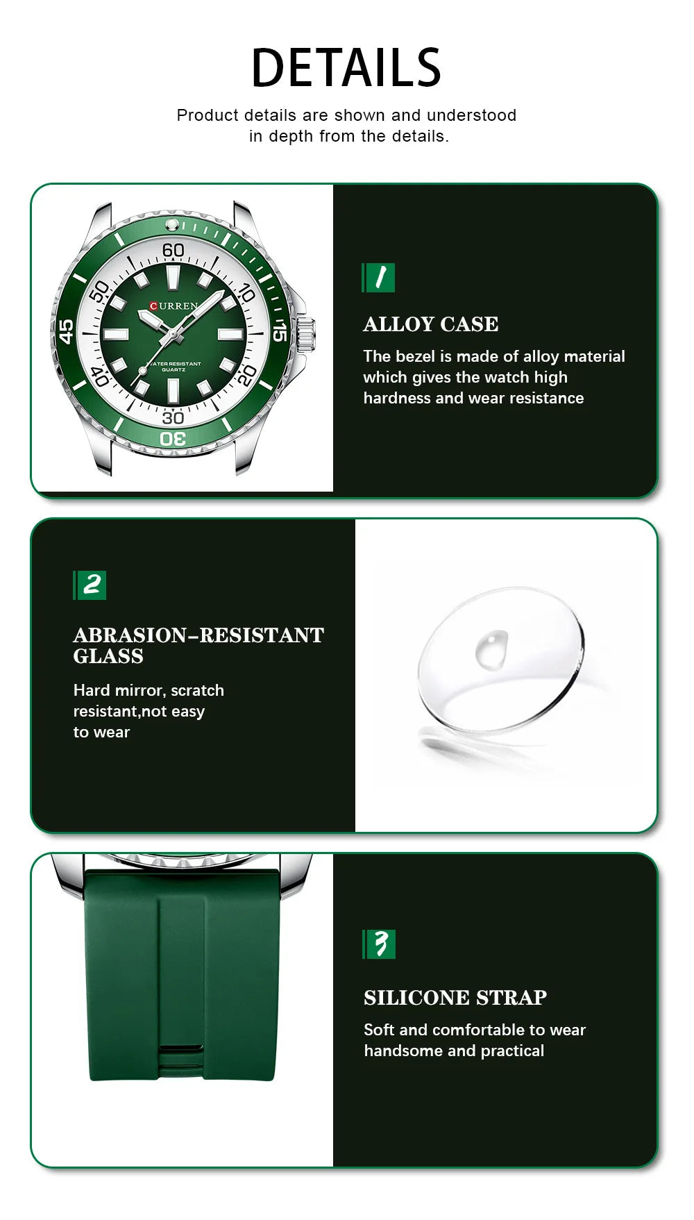 CURREN 8448 Reloj de cuarzo de moda para hombre, reloj de pulsera deportivo con correa de silicona, luminoso, resistente al agua y esfera grande para exteriores