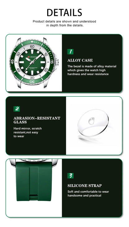 CURREN 8448 Reloj de cuarzo de moda para hombre, reloj de pulsera deportivo con correa de silicona, luminoso, resistente al agua y esfera grande para exteriores