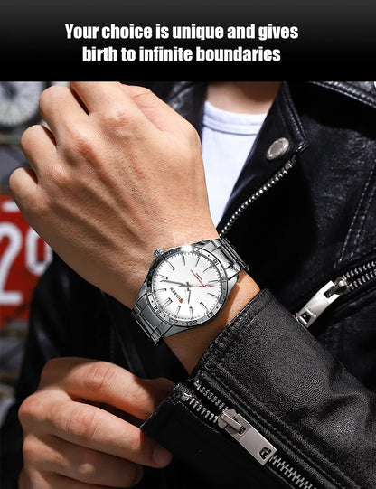 CURREN 8452 Reloj de cuarzo para hombre, sencillo, moderno, para ocio y negocios, con correa de acero inoxidable negra y plateada.