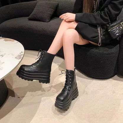 Botines de piel sintética para mujer, estilo gótico, con plataforma, puntera redonda y cordones, ideales para otoño e invierno. Talla 11.