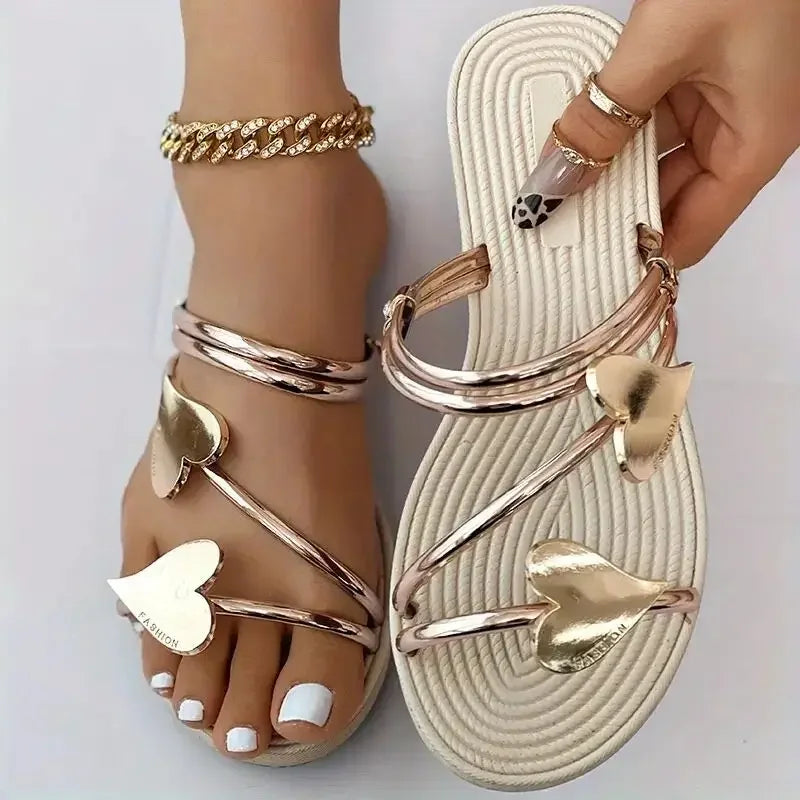 Sandalias planas elegantes con forma de corazón para mujer, con punta abierta, antideslizantes, para playa y exteriores, verano 2024, talla 43