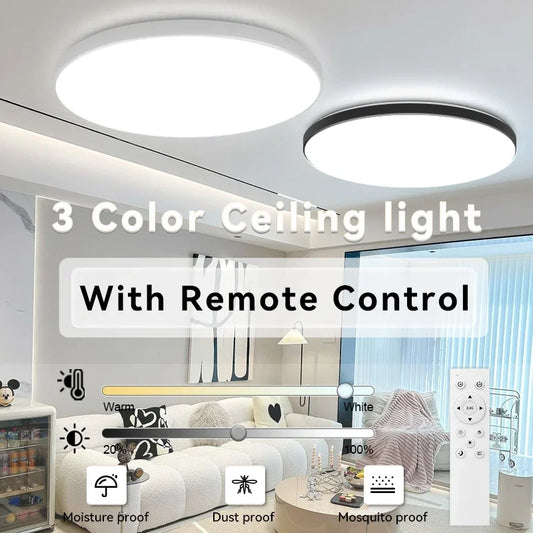 Lámpara de techo LED inteligente con control remoto, 3 colores, regulable, panel ultrafino, ideal para dormitorio y cocina.