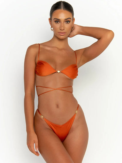 Traje de baño para mujer, bikini sexy de un solo color con lazos, tangas, trajes de baño de color liso, ropa de playa, bikini brasileño de verano 2024
