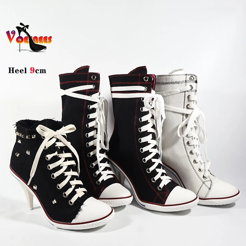 Botas cortas de mezclilla para mujer, botines con tachuelas y tacones altos, botas de mujer con remaches, tacones altos finos con cordones, zapatos de mezclilla