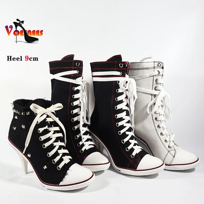 Botas cortas de mezclilla para mujer, botines con tachuelas y tacones altos, botas de mujer con remaches, tacones altos finos con cordones, zapatos de mezclilla