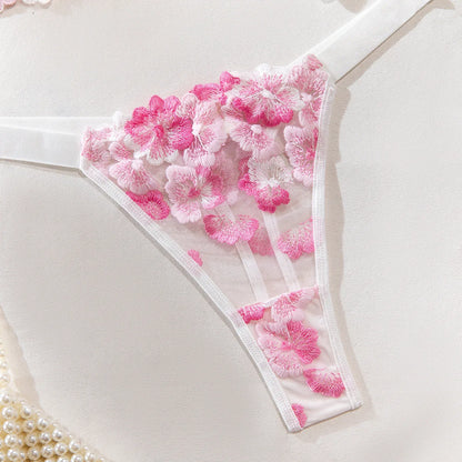 Conjunto de lencería sexy con bordado romántico floral rosa, ropa interior estética de lujo de buena calidad, seductora